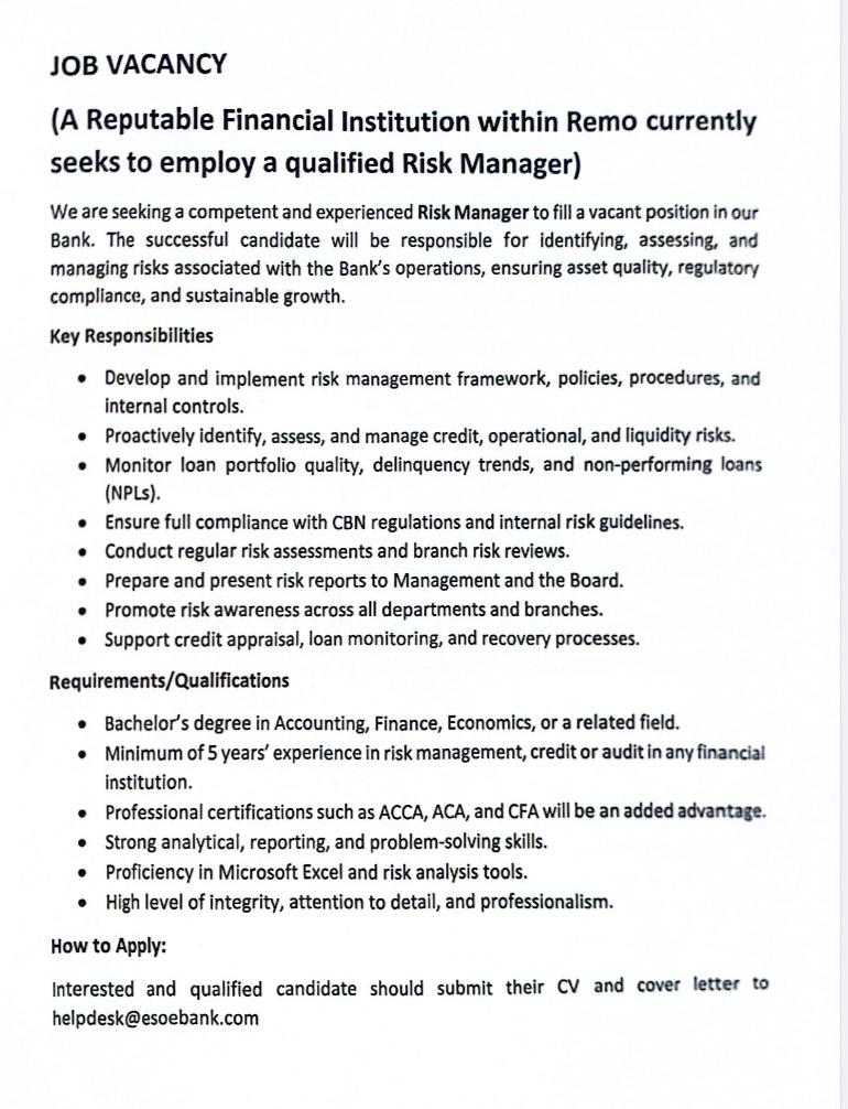 Job vacancy Eso-E Microfinance Bank Ltd.